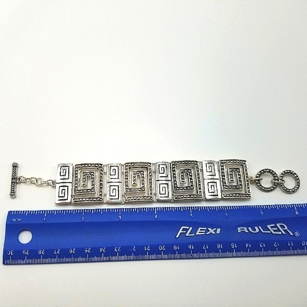 Greek Keysquare Bracelet Chunky Silvertone & Black Spiral Link T-Bar Closure - Picture 7 of 14